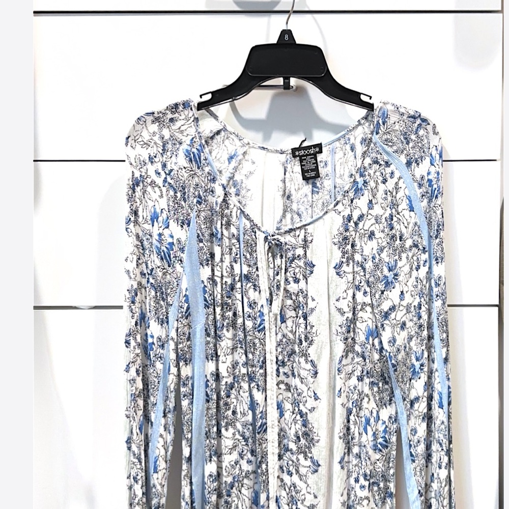 Stoosh White Pleated Blouse with Gray Accents